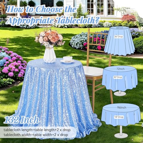 Baby Blue 132 Inch Round Sequin Tablecloth Glitter Cover for Wedding Party Bridal Shower