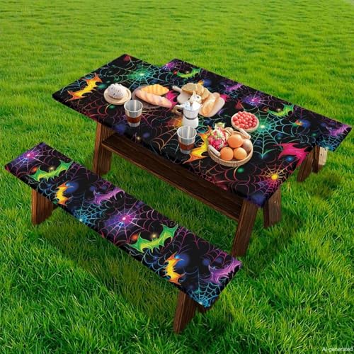Halloween Bat Spider Web 8 Ft Picnic Table Cover and Bench Covers Set - Waterproof & Windproof, 3 Pieces