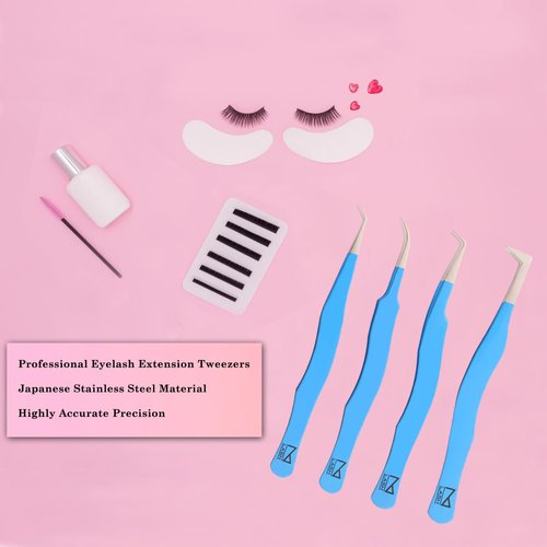 M LASH Eyelash Tweezers for Eyelash Extensions (Set of 4) - Professional Lash Extension Tweezers - Fiber Tip Lash Tweezers, Japanese Steel, Diamond Grip For Flawless Application (White)