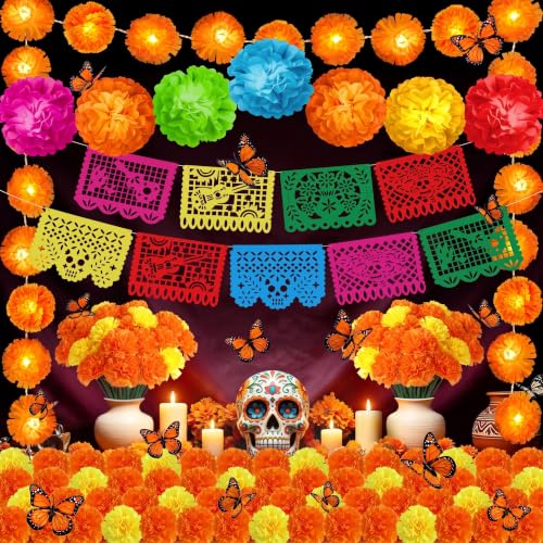Dia de Los Muertos Decor Set with Marigold Garland Banners Flowers & Butterflies