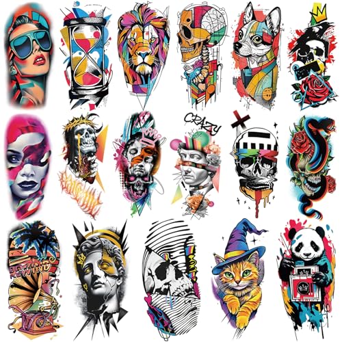 Pop Art Temporary Tattoos - 47 Sheets Micro-Realism & Geometric Designs for Adults & Kids
