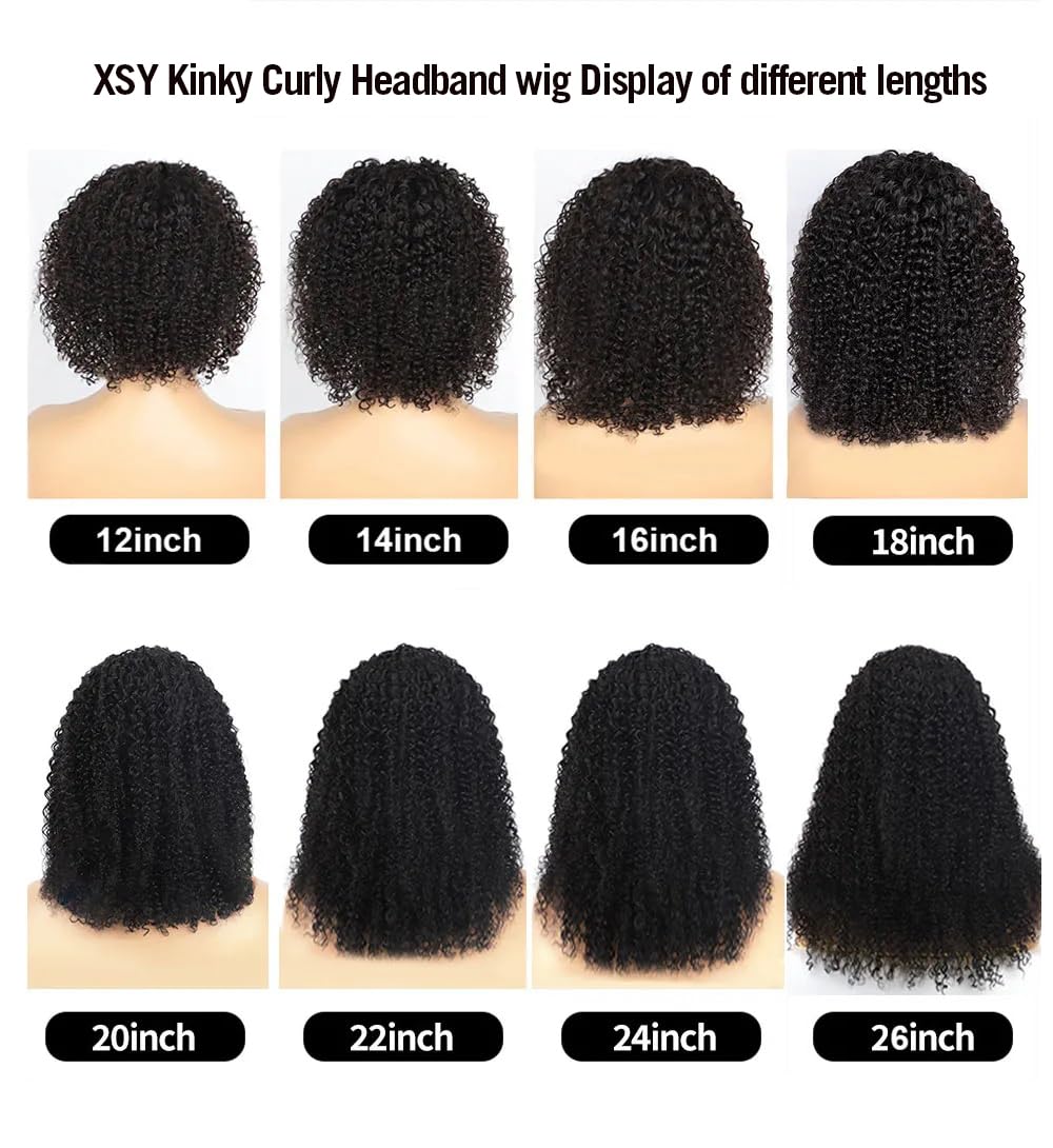 XSY Headband Wig Human Hair Kinky Curly 12 Inch Headband Wigs for Black Women None Lace Front Wig Curly Brazilian Wear and Go Glueless Wig 150% Density Natural Color