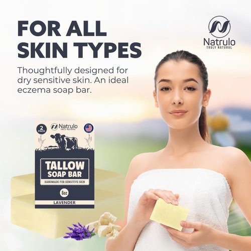 Beef Tallow Soap Bar – All Natural Grass Fed Tallow Soap Lavender – Moisturizing Face & Body Wash Great for Eczema, Dry, Itchy, Sensitive Skin – Handcrafted Bath Soap for Adults, Kids, Made in USA