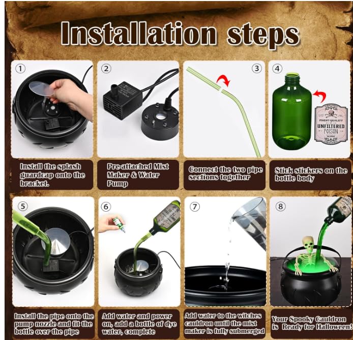 Cauldron Halloween Decor with Floating Potion Bottles & Skeleton Props - Witch Bucket Candy Bowl