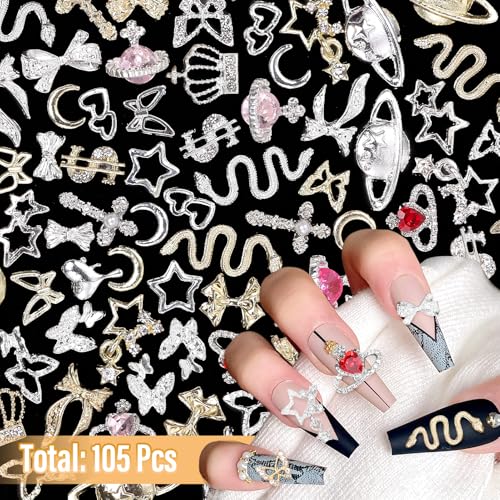 105Pcs Silver Gold Nail Gems Charms Set for DIY Nail Art & Crafts