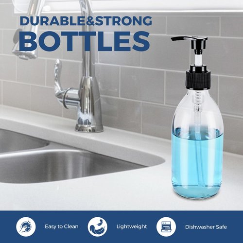 Homepicker Small 10 oz Clear Glass Soap Dispenser with Pump, Glass Pump Bottle for Lotion Body Oil, 300ml Hand and Dish Soap Dispensers Set with Storage Caps, Labels - 2 Pack