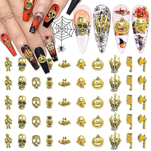 Halloween Nail Charms Kit 100pcs Gold Alloy Skull Ghost Bat Pumpkin - Variation KIT2