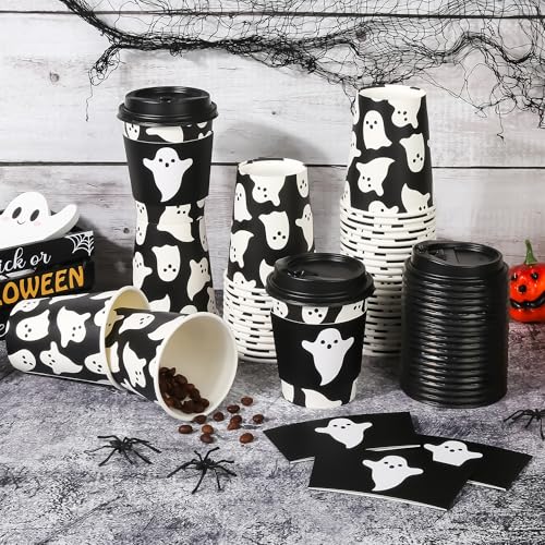 Halloween Ghost Disposable Coffee Cups with Lids & Sleeves - Black Ghosts