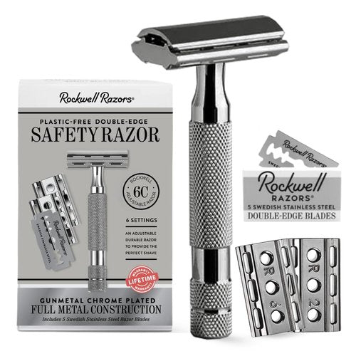 Rockwell Razors 6C Gunmetal Chrome Safety Razor - 6 Adjustable Shave Settings & 5 Recyclable Blades | Eco-Friendly for Men & Women