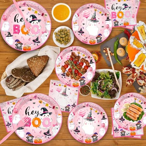 Pink Halloween Ghost Plates and Party Supplies Set for Girls Night & Birthday