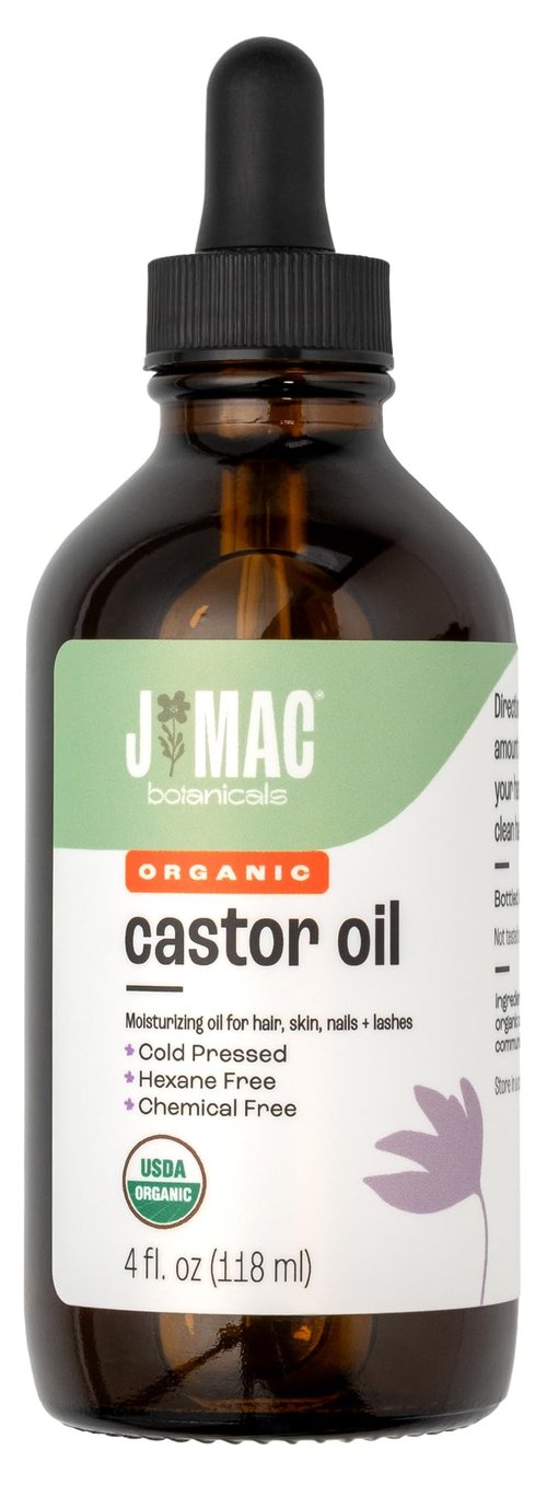 J MAC BOTANICALS Organic Castor Oil, 100% Pure (4oz Glass Bottle with Dropper) - for Eyelashes, Eyebrows, Hair & Skin
