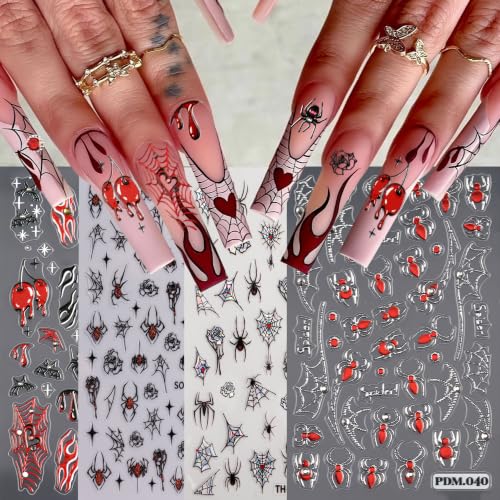 Halloween Nail Stickers 4 Pack 5D Self-Adhesive Spider Web Decals with Rhinestones Style11