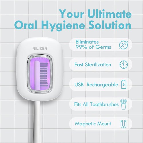 RILIZER UV Toothbrush Sanitizer Cover, Rechargeable Travel Cap with Magnetic Wall Mount, Portable Cleaner for Any Size Toothbrush
