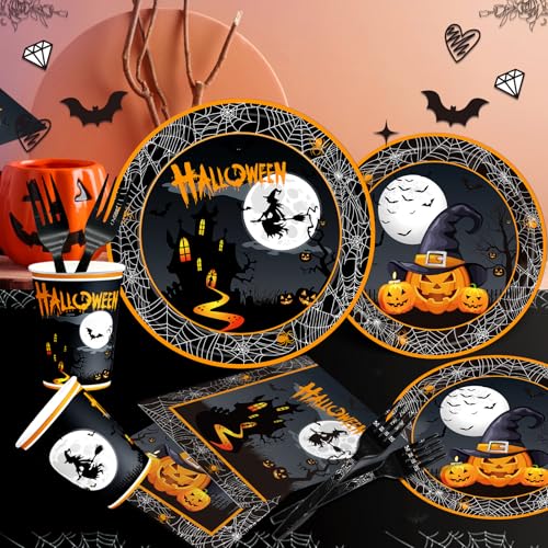 120-Piece Halloween Disposable Party Plates Napkins Cups Cutlery Set for Spooky Celebrations