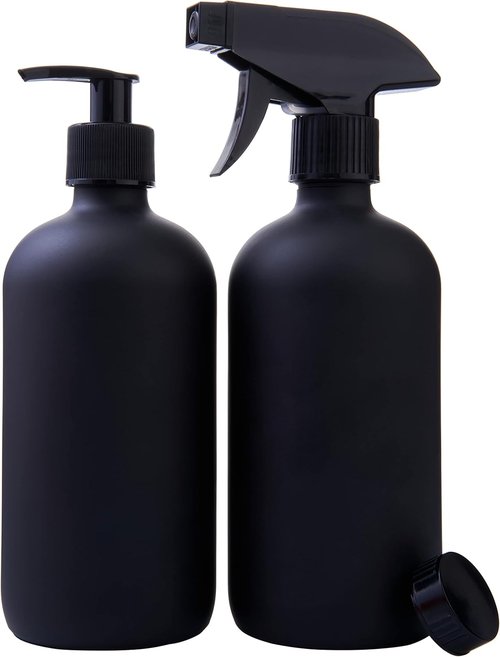 Boston Round Glass Bottles - 16oz Reusable Spray & Soap Dispenser Set of 2 | Black