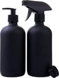 Boston Round Glass Bottles - 16oz Reusable Spray & Soap Dispenser Set of 2 | Black