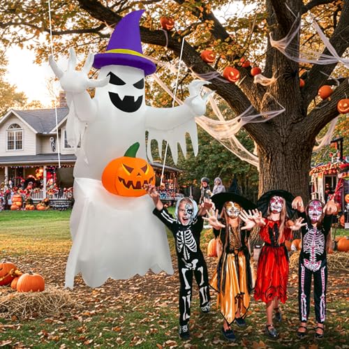 8 FT Ghost Inflatable Halloween Decorations with Witch Hat & Pumpkin - Spooky Yard Decor