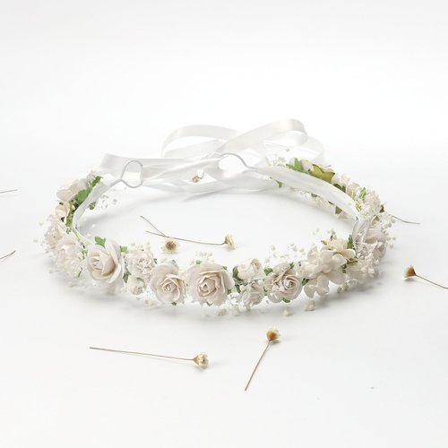 PoshMyra White Flower Girl Crown with Baby's Breath Headpiece Young Girl Communion Floral Hair Wreath Rustic Wedding Hair Accessories Headband for Child(43cm length)