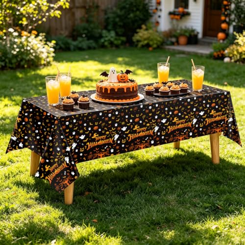 Halloween Party Tablecloths 3 Pack - Spooky Pumpkin Ghost Bat Skeleton Design - Black, White, Yellow