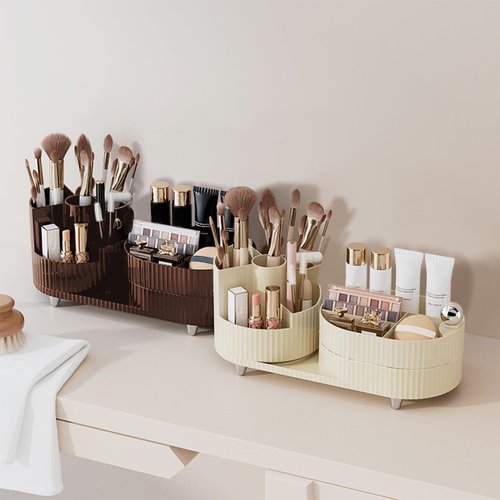 DASITON Makeup Organizer Countertop, 360° Rotating Makeup Brush Holder Organizer, Large Capacity Cosmetic Display Case with Drawers, Makeup Storage Organizer for Vanity, Desktop, Bathroom (Cream 01)