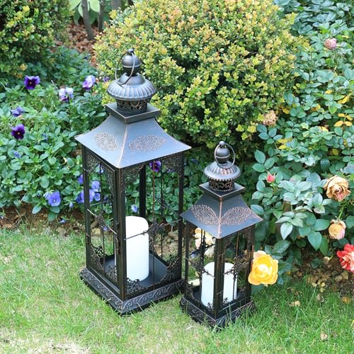 Outdoor & Indoor LED Lanterns with Flameless Candles - 23'' & 15'' Black Metal Decor, Timer Function