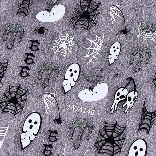 Halloween Nail Stickers Set A11 - 4 Sheets 3D Self-Adhesive Spider Web Bat Ghost Designs