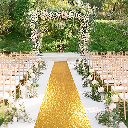 Wedding Aisle Runner 4ft x 30ft Gold Sequin Fabric for Beach & Church Ceremony - ShinyBeauty