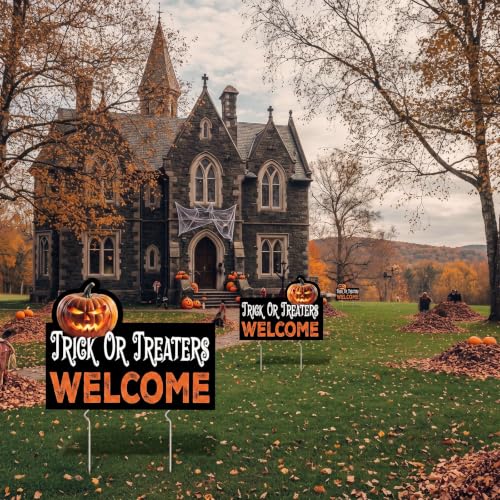 Halloween Yard Signs Set - Trick or Treaters Welcome Outdoor Decor, Weatherproof, Double Sided, 3-Piece