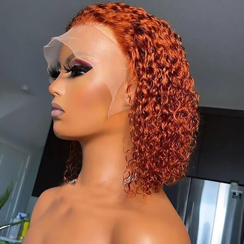 GOLFMAX 8 Inch Curly Bob Wig Ginger Lace Front Wigs Human Hair Short Bob Wig Human Hair Water Wave 13x4 Transparent Lace Front Wigs Pre Plucked