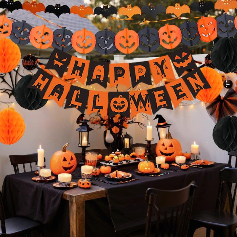Halloween Party Decorations Banner Pumpkin Bats & Pom Poms Set - Fall Festive Decor