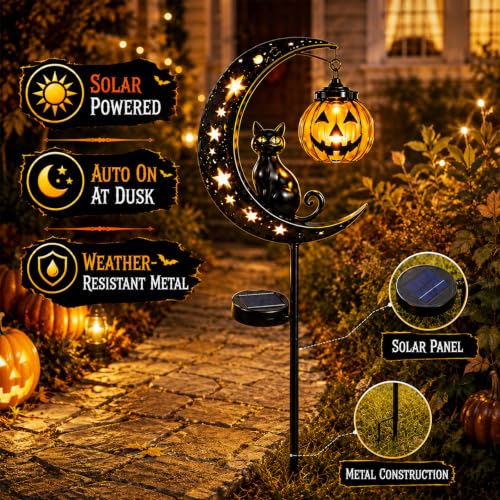 Solar Halloween Black Cat & Pumpkin Garden Stake Light Outdoor Decor