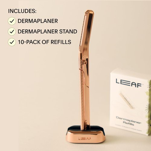 Leaf Shave | Leaf Dermaplaner Kit, All-Metal Reusable Dermaplane Razor and Exfoliating Tool for Women, Includes Matching Stand and 10-Pack of Refills - Chrome