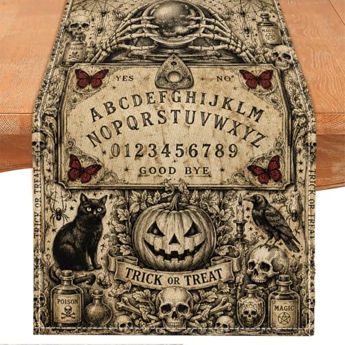 Halloween Table Runner with Skull & Spider Web Design, 13x90 Inches - Pumpkin & Black Cat Variation