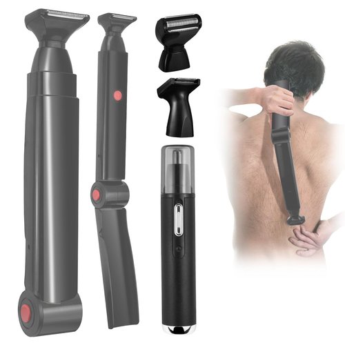 ETbyto Back Shavers for Men Long Handle，Multifunctional Self-Service Electric Back Hair Razor with Adjustable Handle，Men's Back Shaver wiht Nose Hair Trimmer Set and 2 Shock Absorber Flex Heads(B