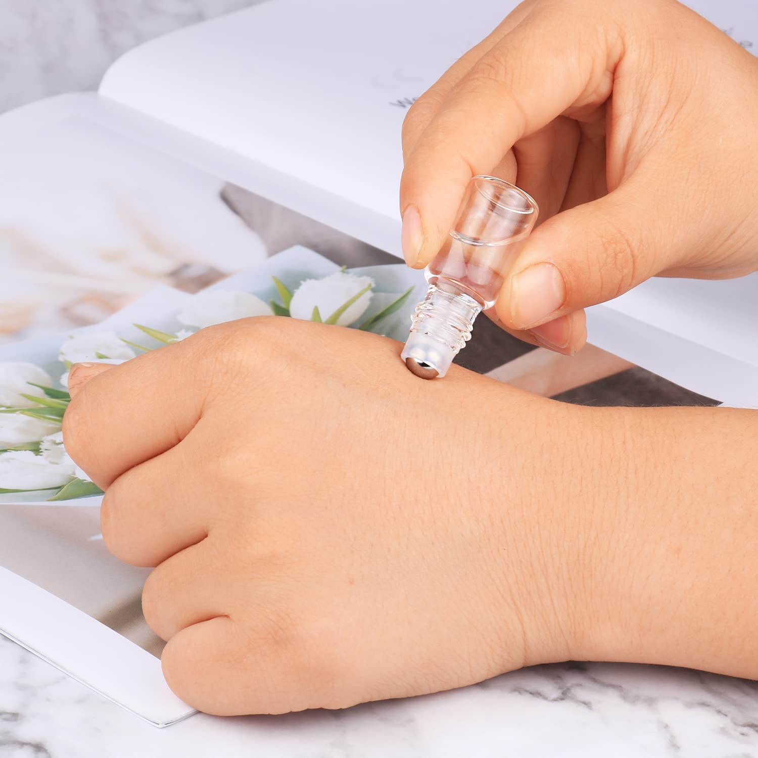 Wresty 25 Pcs Clear Glass Mini Roll On Bottles Empty Essential Oil Roller Ball Bottles Perfume Lip Blam Cosmetic Sample Vials Roller Glass Bottle Container With Black Cap (5ml)