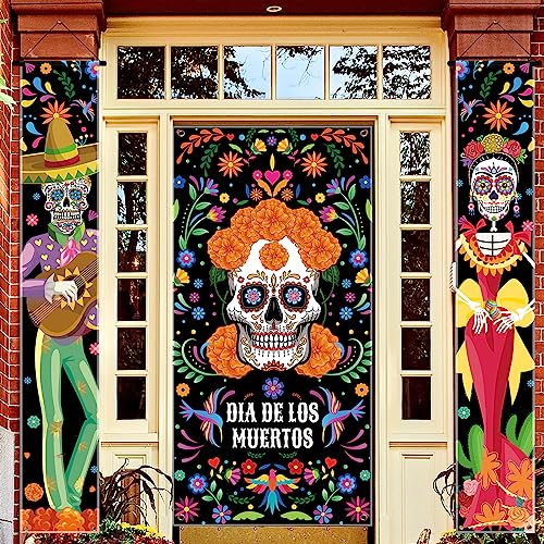 Preboun Day of the Dead Door Banner Set with LED Lights - Sugar Skull & Marigold Decor