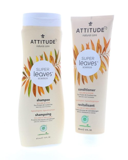 ATTITUDE Super Leaves Volume Shine Shampoo & Conditioner Bundle - Soy Protein, Cranberries, 16 Fl Oz & 8 Fl Oz