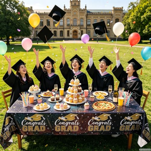 Black Graduation Tablecloth - 9ft Shimmering Laser Holographic Cover, 3 Pack
