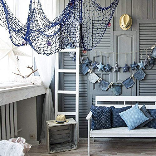 Blue & Beige Handmade Fish Net Decoration 79x59in Nautical Wall Decor