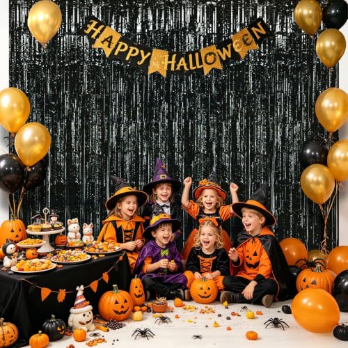 Black Foil Fringe Curtains - 3 Pack, 8.2x3.3ft Party Backdrop for Events - Variation of 3