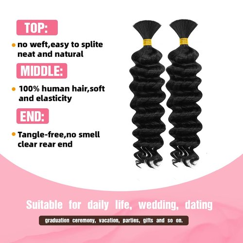 Human Braiding Hair, 2 Bundle 100g 14 Inch Boho Braids Human Hair 10A Deep Wave Bulk Brazilian Virgin No Weft Wavy Hair Extensions for Boho Bohemian Micro Braid Bulk for Braiding Natural Black