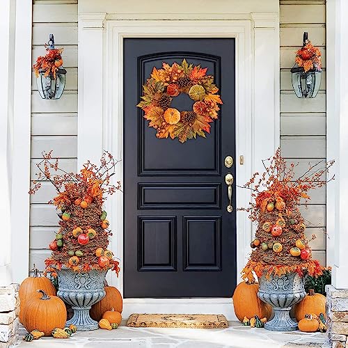 Fall Wreath 16 Inch Autumn Velvet Pumpkin Maple Leaves Front Door Decor - Briful