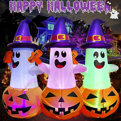 5FT Halloween Inflatable Pumpkin Ghost with Multi-Color Flashing LED Yard Decor