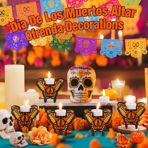 12 Pcs Day of the Dead Wooden Butterfly Candleholders - Festive Tabletop Decor