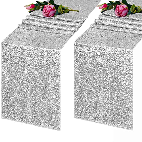 12x108 Inch Silver Sequin Table Runner Set of 2 - High-Density Sparkly Glitter Decor