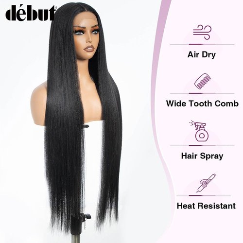 DÉBUT Light Yaki Straight Lace Front Wigs 36 Inches Super Long Wig 13x4x0.5 Middle Part Natural Hairline with Baby Hair Synthetic Wig for Women 1B Color