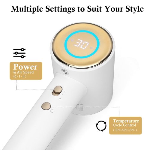 Hair Dryer,110000 RPM High-Speed Brushless Motor,GFCI Safety Plug--For high humidity,Negative Ionic Fast Drying, Low Noise,Thermo-Control Hair-Dryer-with-LED Display and Nozzle (White)