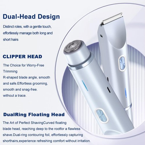 ANFOOS Women's Electric Shaver Bikini Trimmer for Women Razors 2-in-1 Dual Head Design IPX7 Waterproof Wet & Dry Use Body Groomer Hair Trimmer Remover for Facial Underarm Arm Face Leg Bikini (Blue)