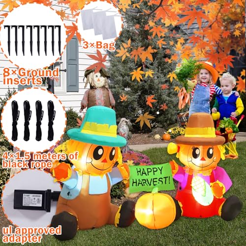 6 FT Fall Inflatable Scarecrow and Pumpkin Outdoor Decor - Built-in LED Lights