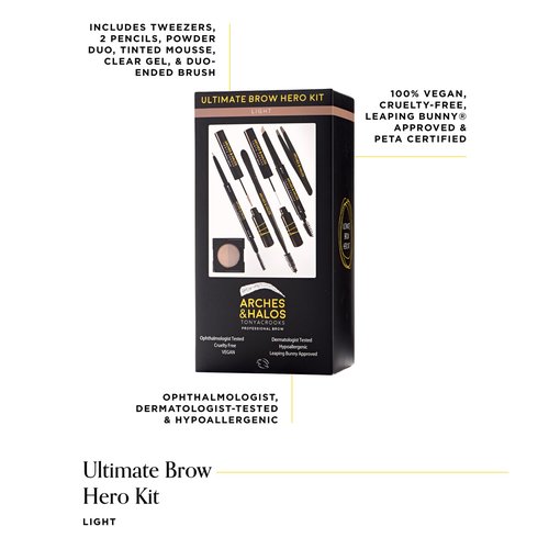 Arches and Halos Ultimate Brow Hero Kit - Pencil, Powder, Spoolie, Brush, and Tweezer Kit for Perfect Eyebrows - Includes Five Essential Eyebrow Care Tools - Professional Grade Design - Light - 1 pc